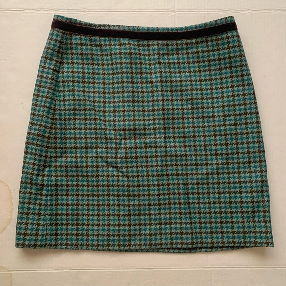 Banana Republic 83% Wool Teal Brown Houndstooth Mini Skirt Y2K Retro Tweed lined